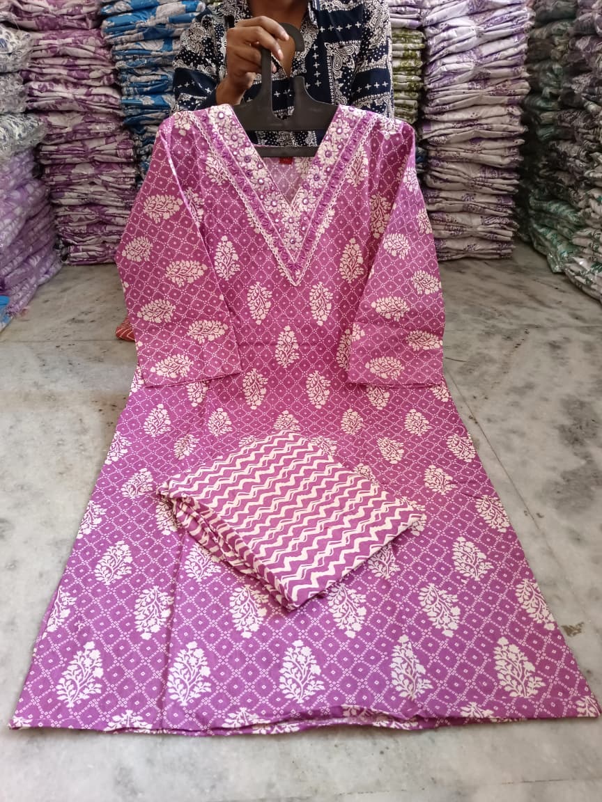 Embroidered Cotton Kurti Pant Set