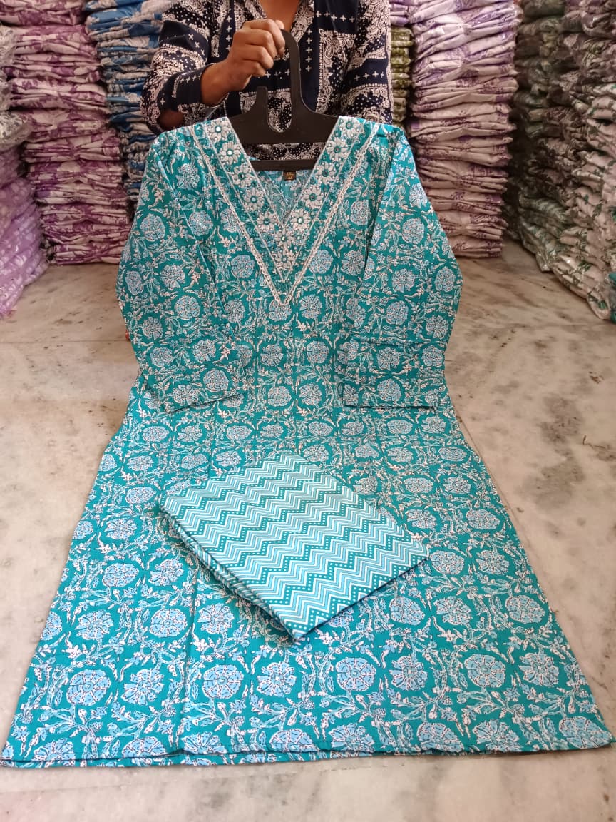 Embroidered Cotton Kurti Pant Set