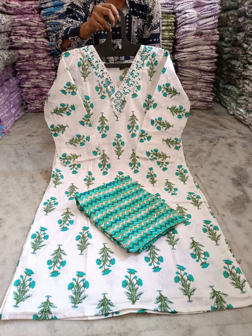 Embroidered Cotton Kurti Pant Set