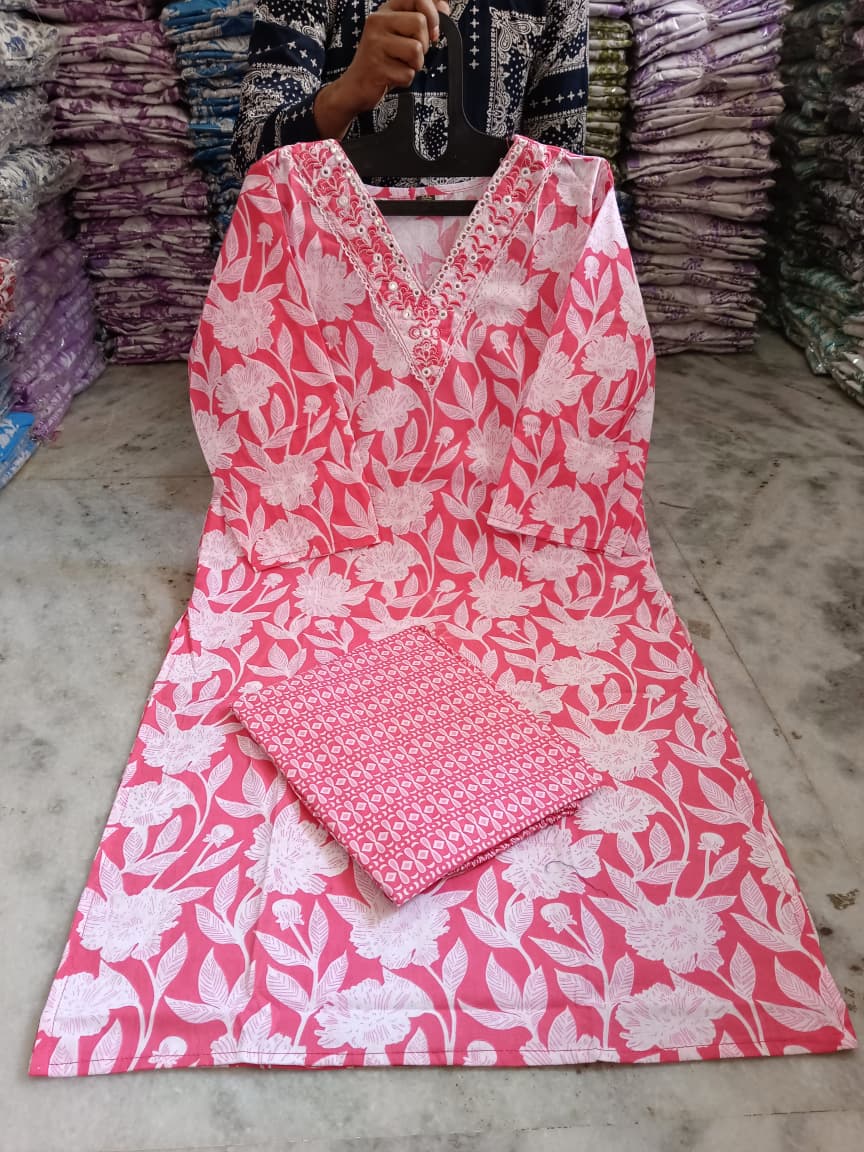 Embroidered Cotton Kurti Pant Set