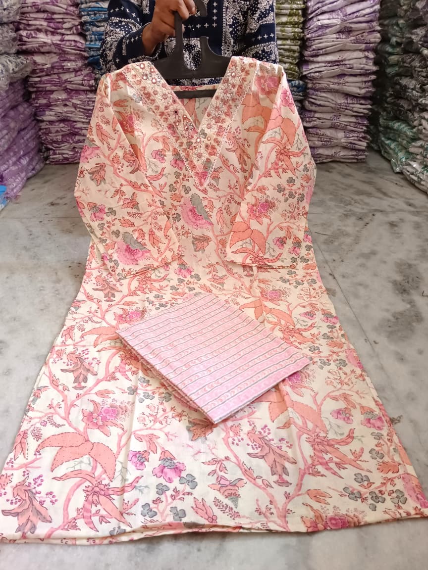 Embroidered Cotton Kurti Pant Set