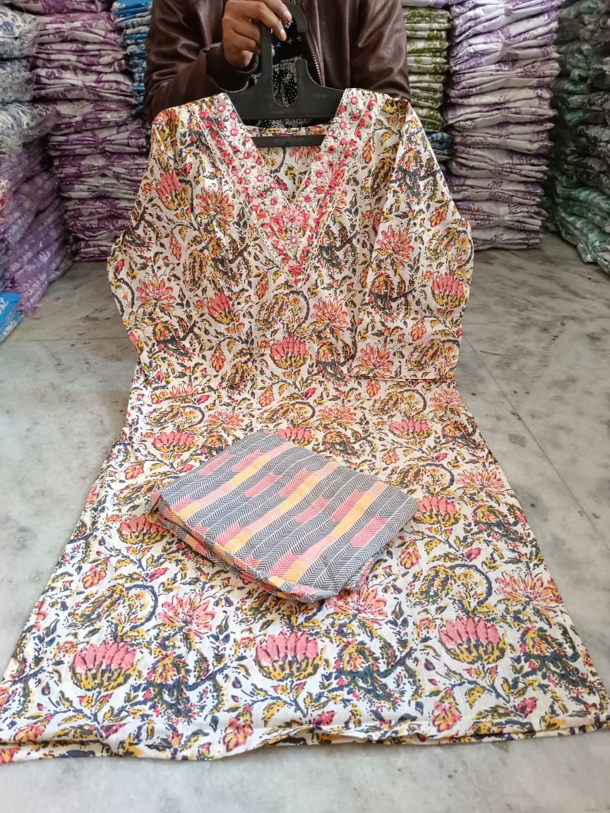 Embroidered Cotton Kurti Pant Set