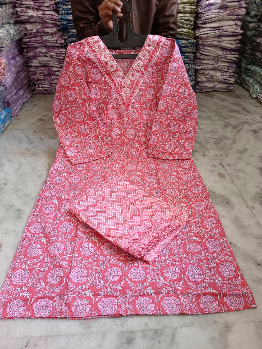 Embroidered Cotton Kurti Pant Set