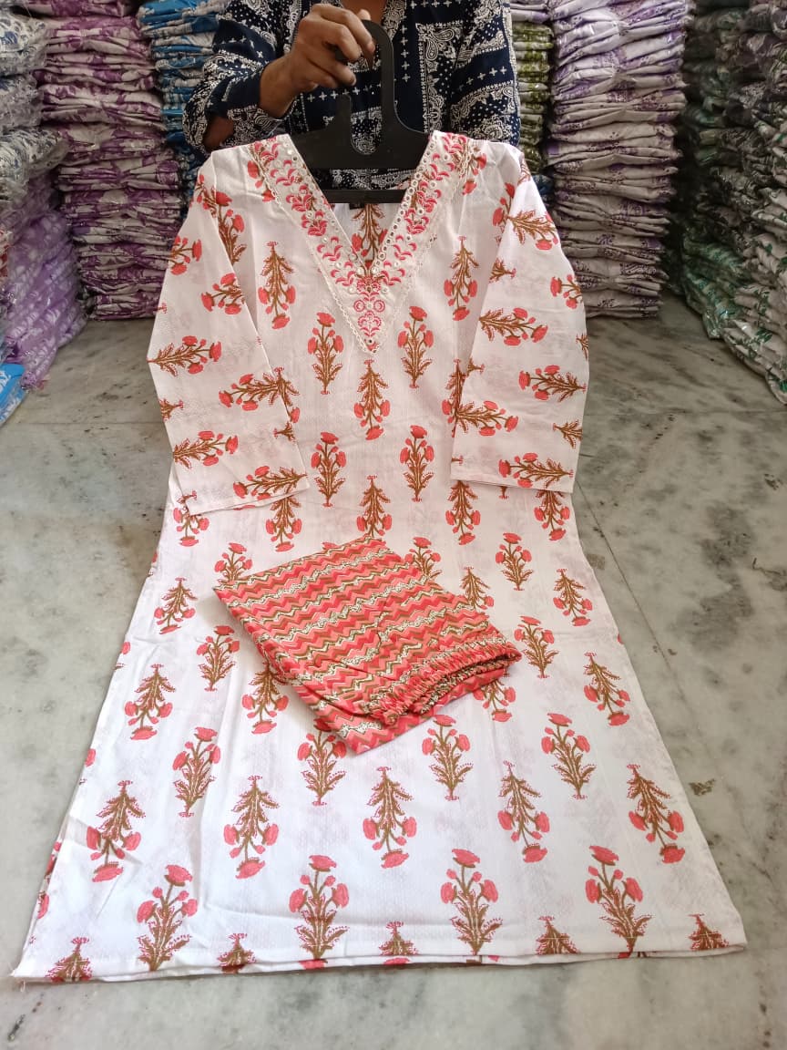 Embroidered Cotton Kurti Pant Set