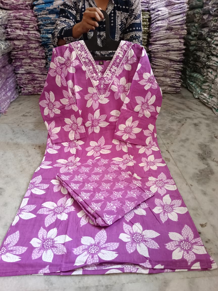 Embroidered Cotton Kurti Pant Set