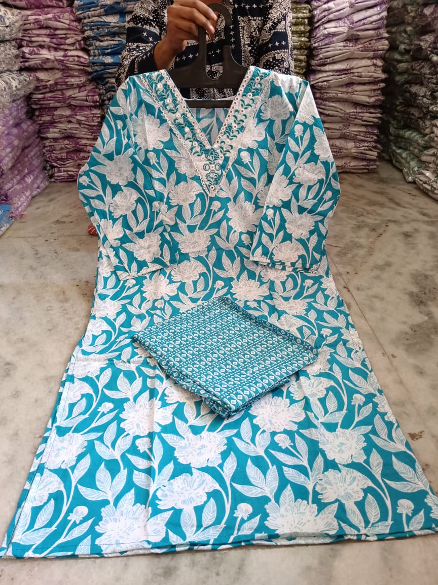 Embroidered Cotton Kurti Pant Set