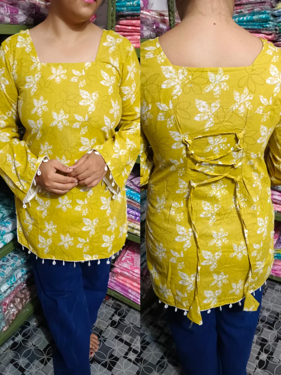 Sunshine Yellow Pure Cotton Short Kurti – Stylish Back Dori Design