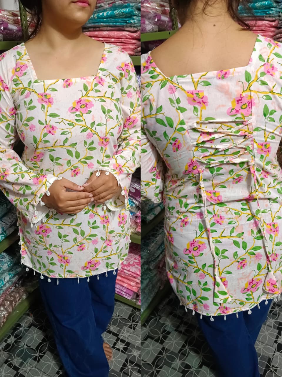Summer Bloom Pure Cotton Short Kurti – Back Dori Design