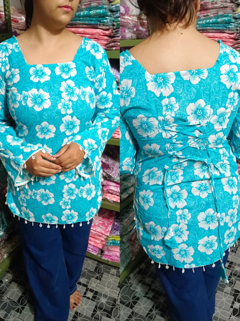 Aqua Blue Floral Pure Cotton Short Kurti – Elegant Back Dori Style