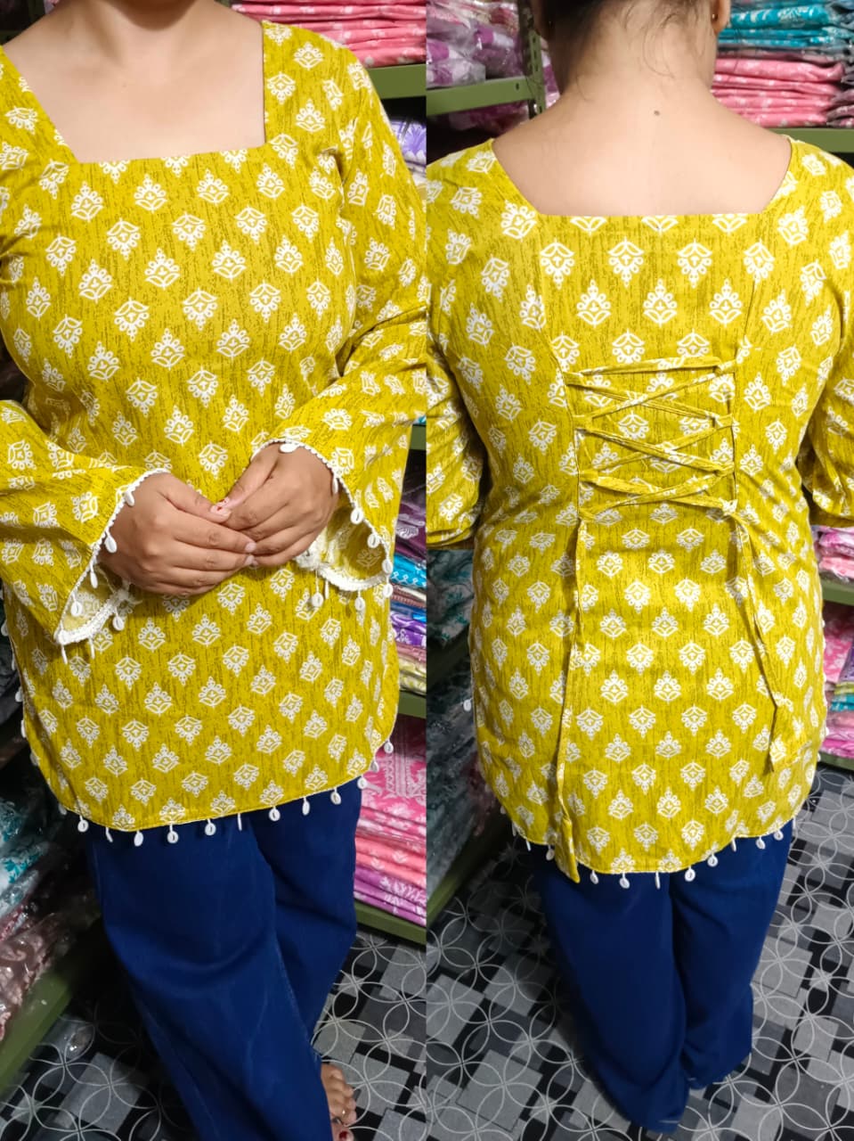 Mustard Yellow Pure Cotton Short Kurti – Elegant Back Dori Style