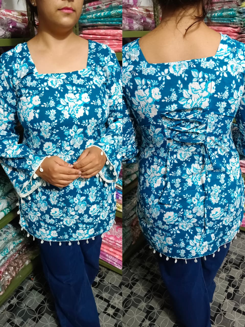 Ocean Blue Floral Pure Cotton Short Kurti – Back Dori Design