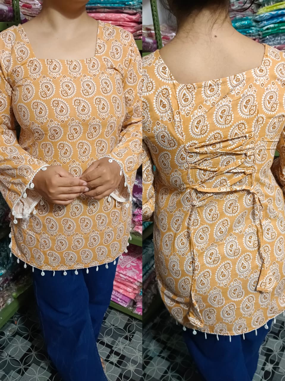 Mustard Paisley Pure Cotton Short Kurti – Elegant Back Dori Design