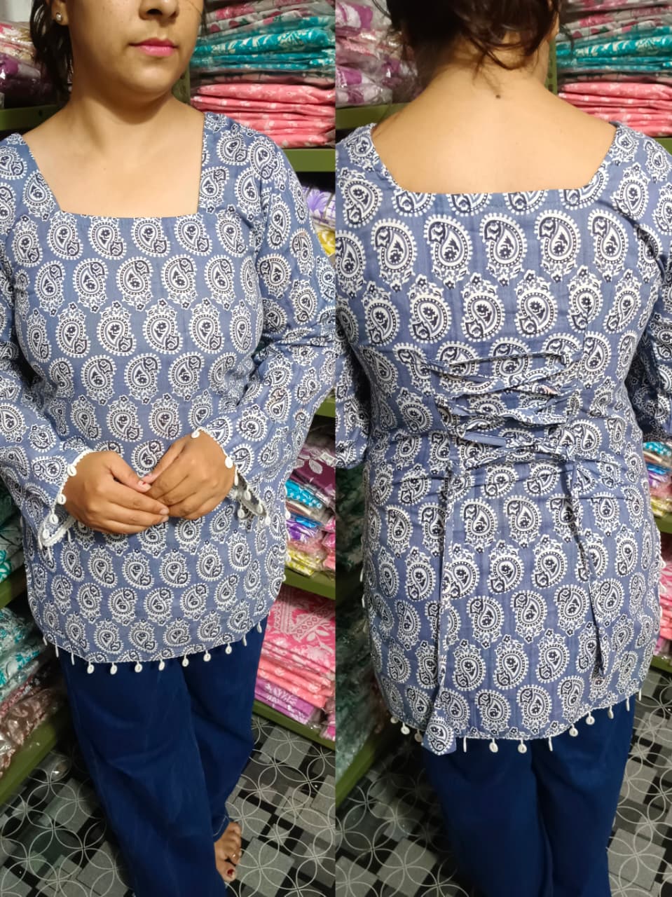 Slate Blue Paisley Pure Cotton Short Kurti – Stylish Back Dori Design