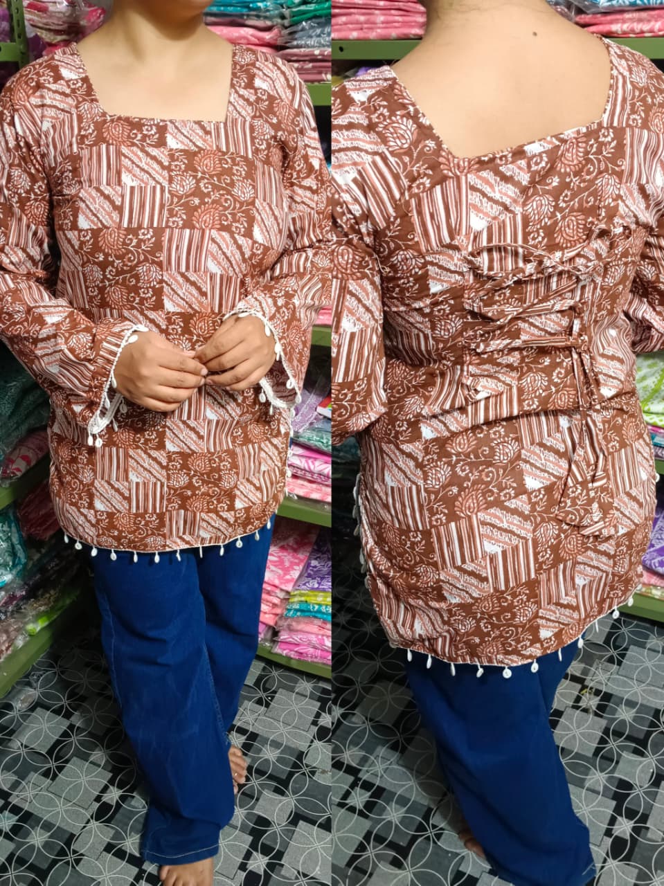 Rustic Brown Printed Pure Cotton Short Kurti – Elegant Back Dori Design