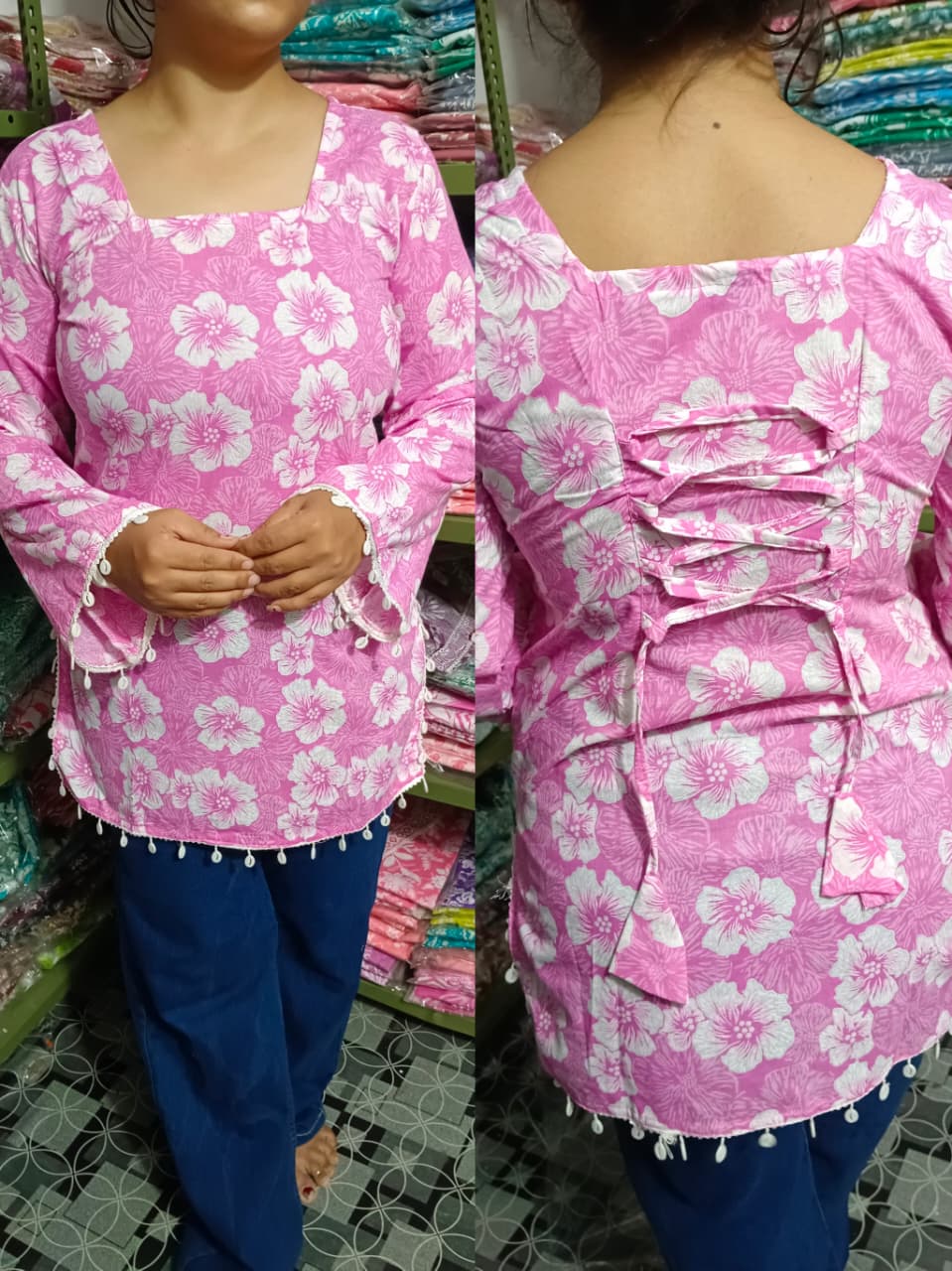 Blossom Pink Floral Pure Cotton Short Kurti – Stylish Back Dori Design