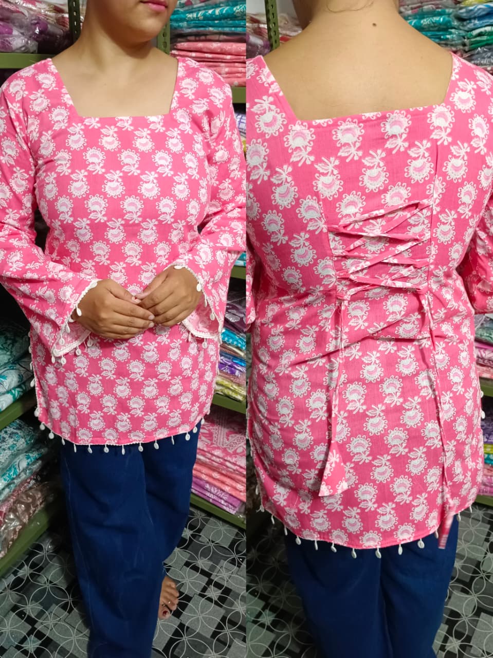 Candy Pink Printed Pure Cotton Short Kurti – Stylish Back Dori Design