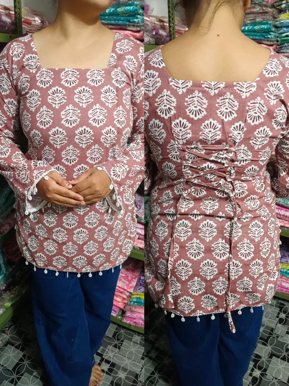 Dusty Rose Printed Pure Cotton Short Kurti – Elegant Back Dori Style