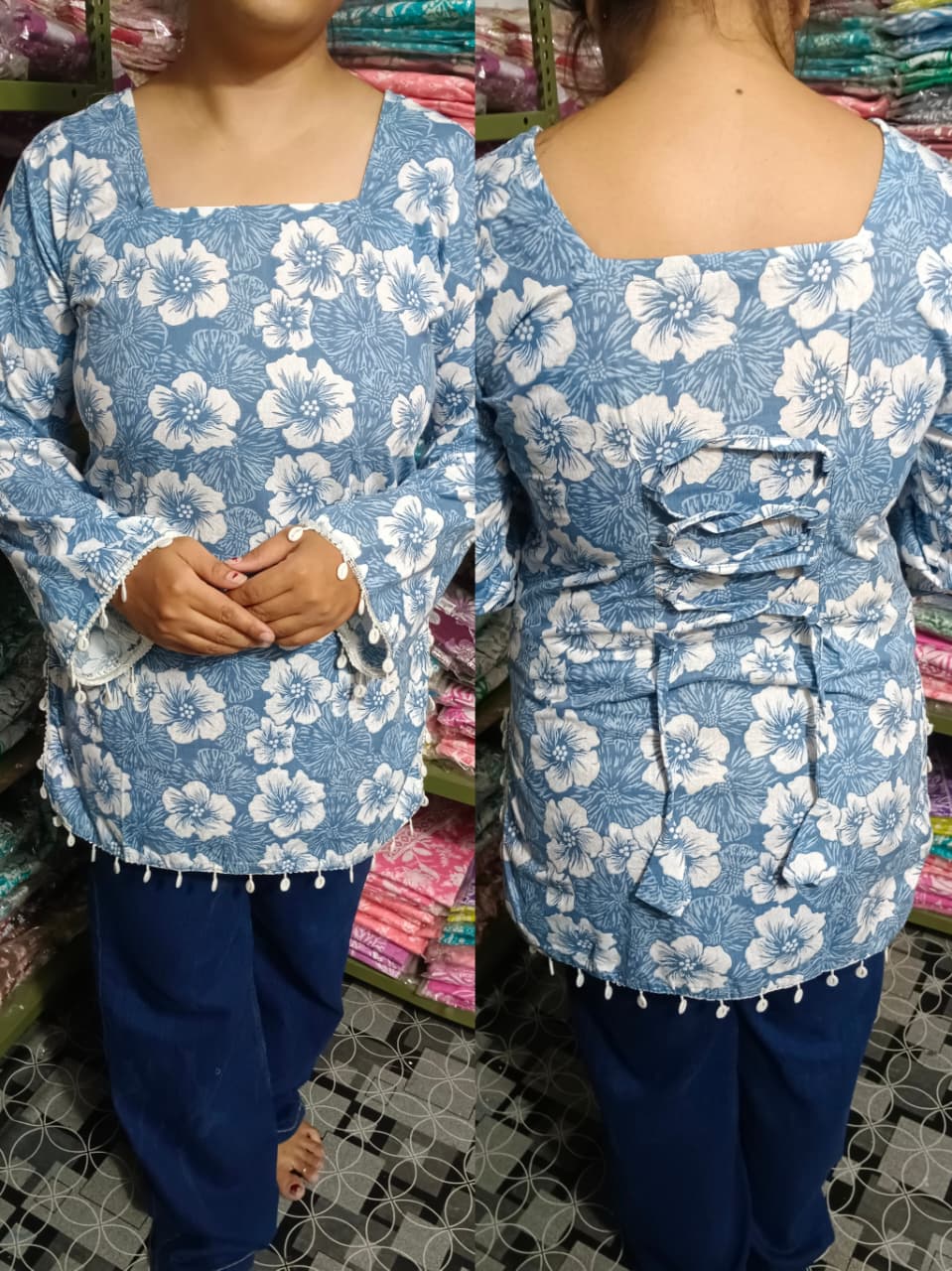 Sky Blue Floral Pure Cotton Short Kurti – Elegant Back Dori Design