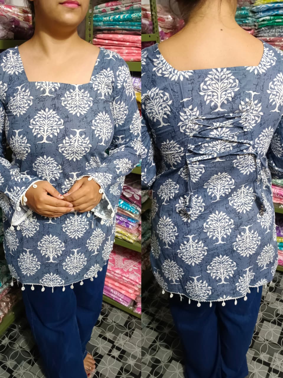 Steel Blue Block Print Pure Cotton Short Kurti – Stylish Back Dori Design