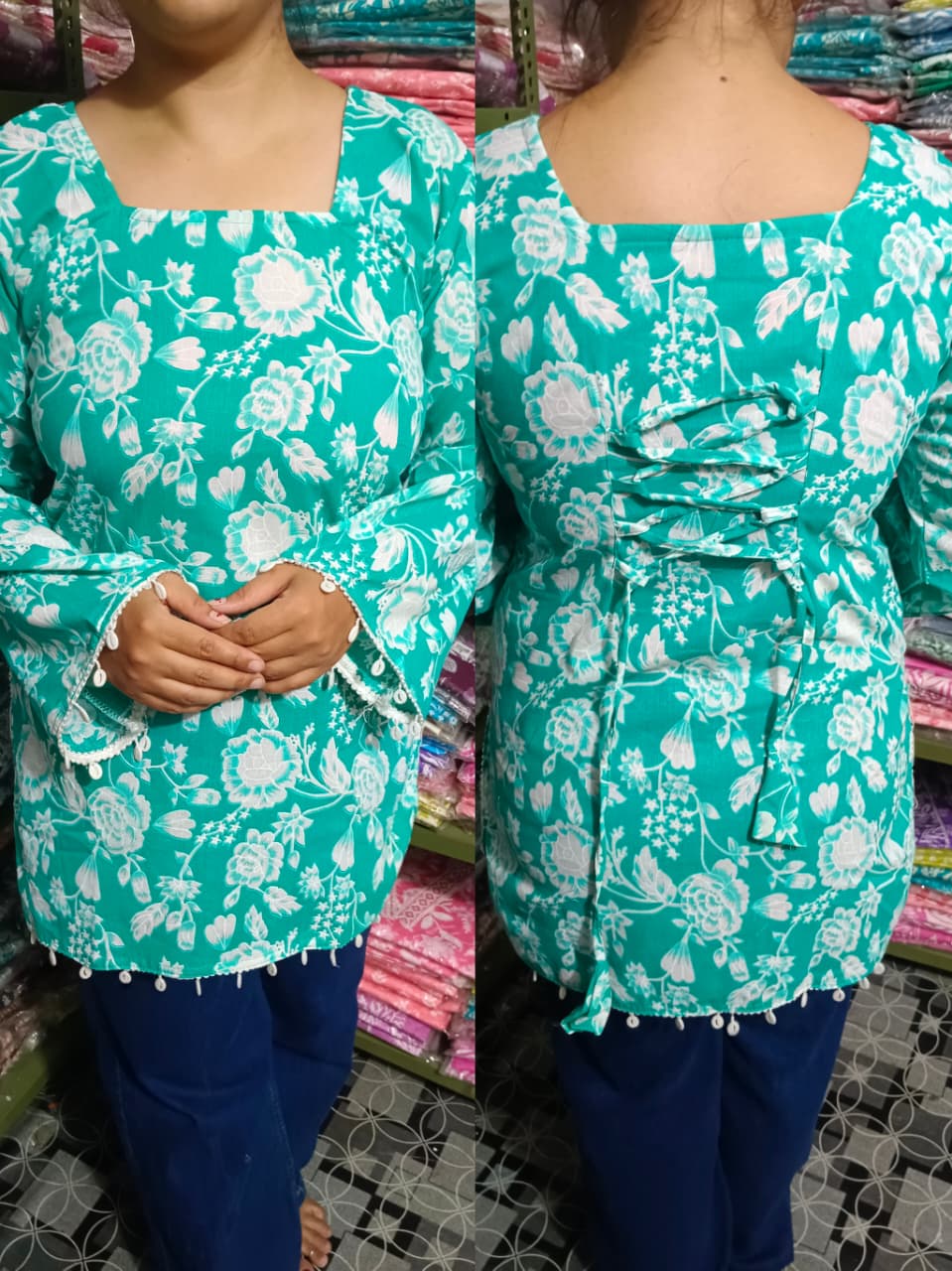 Aqua Green Floral Pure Cotton Short Kurti – Elegant Back Dori Design