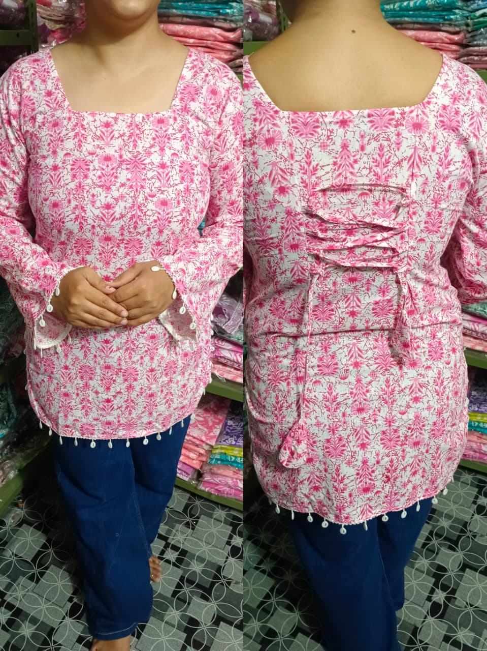 Pink Garden Pure Cotton Short Kurti – Elegant Back Dori Design