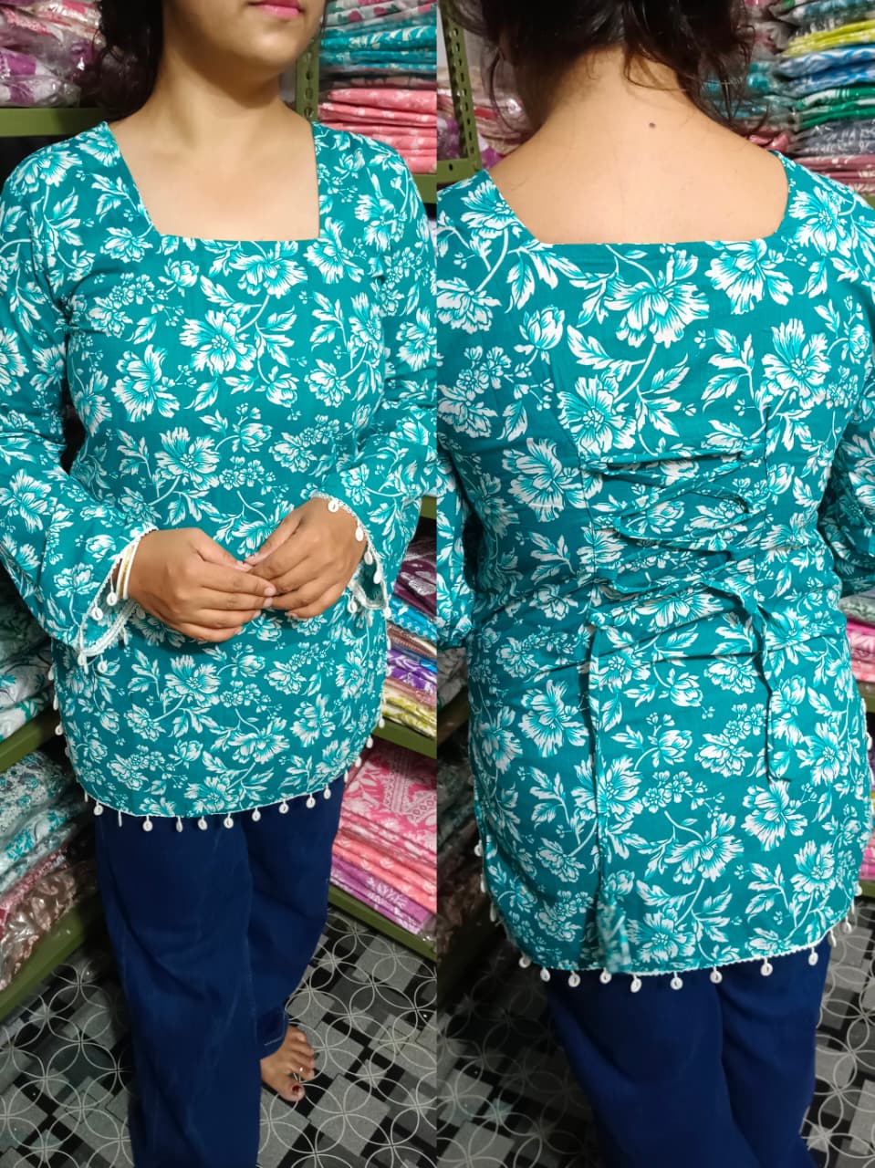 Aqua Mint Floral Pure Cotton Short Kurti – Stylish Back Dori Design