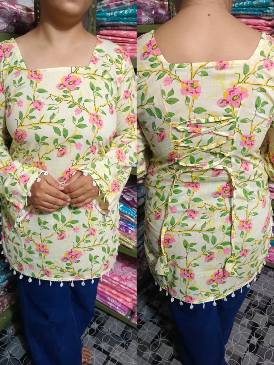 Ivory Bloom Floral Pure Cotton Short Kurti – Elegant Back Dori Design