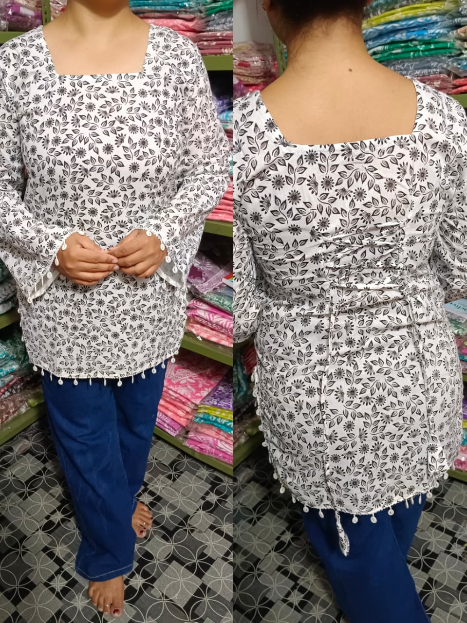 Monochrome Floral Pure Cotton Short Kurti – Elegant Back Dori Design